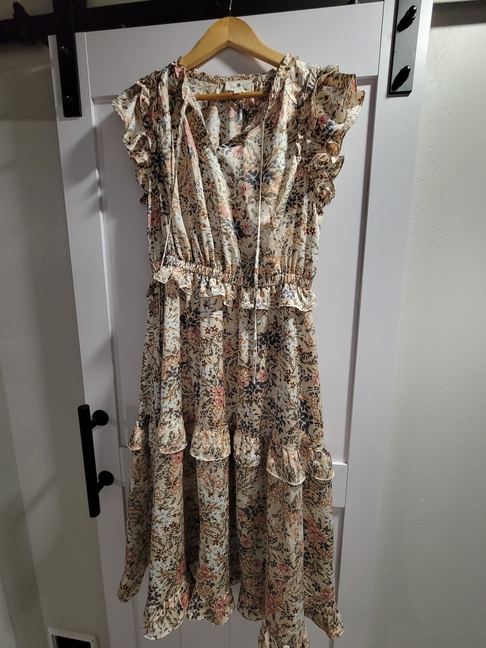Ruffled Floral Maxi Dress in Cream with Pink Accents
